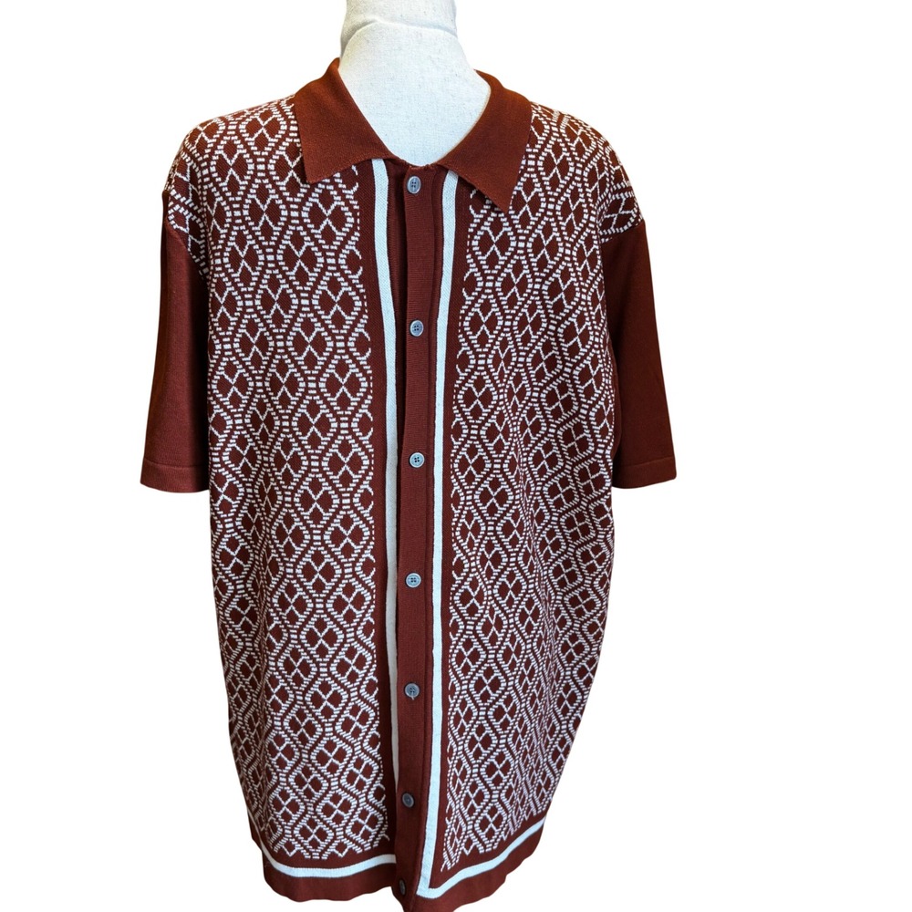 Paul Jones Mens Rust Geometric Diamond Knit Short Sleeve Button Down Polo Lg NWT